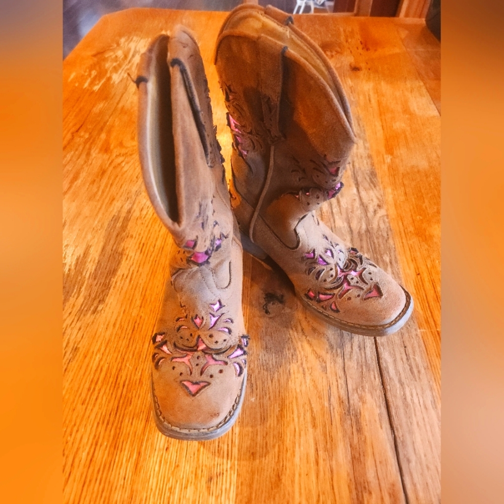 Roper Girls Vintage Brown Faux Leather Cowboy Boots, Pink Inlay, Size 2 Kids